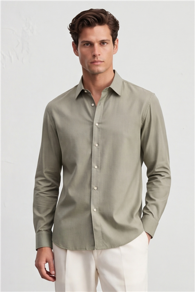 Erkek Haki Normal Kesim Regular Fit %100 Pamuk Gabardin Uzun Kollu Klasik Yaka Gömlek