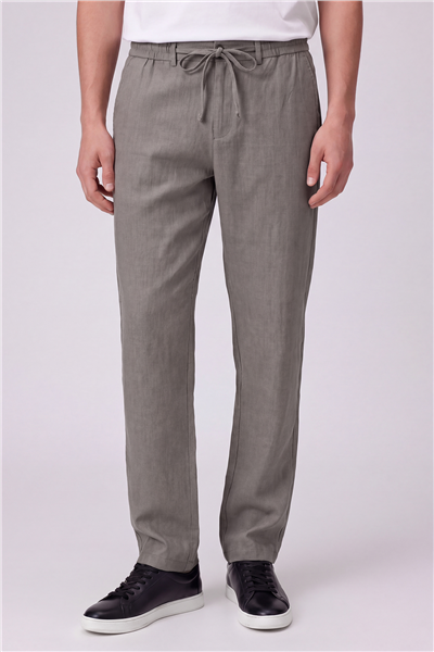Erkek Haki Normal Kesim Regular Fit Viskon Bel Lastikli Düz Paça Pantolon