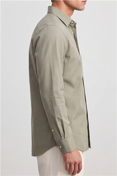Erkek Haki Normal Kesim Regular Fit %100 Pamuk Gabardin Uzun Kollu Klasik Yaka Gömlek