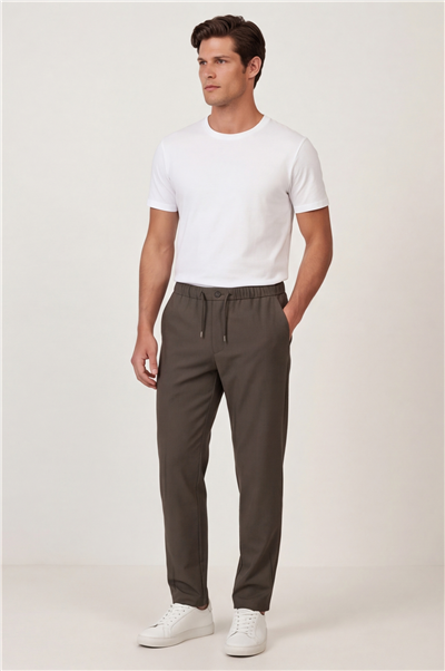 Erkek Haki Regular Fit Standart Boy Dokuma Armürlü Pantolon