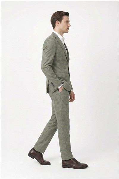 Giotelli Erkek Haki Slim Fit Ekose Mono Yaka Tam Astarlı Takım Elbise