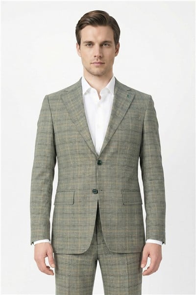Giotelli Erkek Haki Slim Fit Ekose Mono Yaka Tam Astarlı Takım Elbise