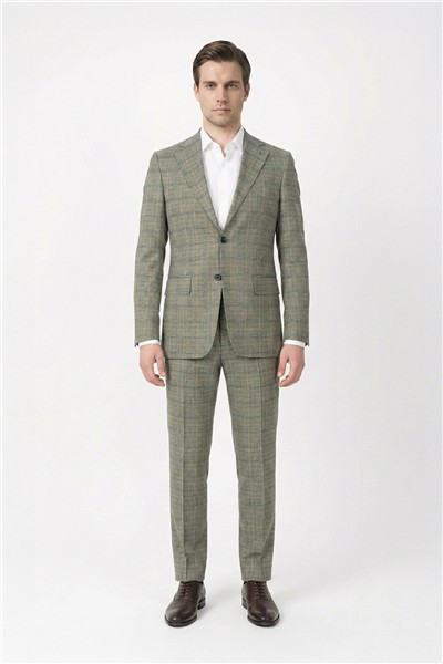 Giotelli Erkek Haki Slim Fit Ekose Mono Yaka Tam Astarlı Takım Elbise