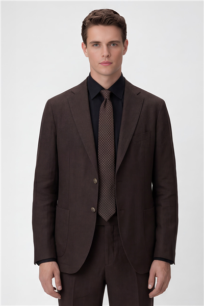 Erkek Kahve Dar Kesim Slim Fit %100 Keten Mono Yaka Astarsız Çift Yırtmaçlı 6 Drop Takım Elbise