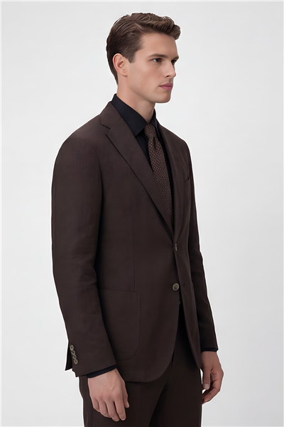 Erkek Kahve Dar Kesim Slim Fit %100 Keten Mono Yaka Astarsız Çift Yırtmaçlı 6 Drop Takım Elbise