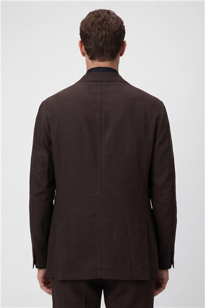 Erkek Kahve Dar Kesim Slim Fit %100 Keten Mono Yaka Astarsız Çift Yırtmaçlı 6 Drop Takım Elbise