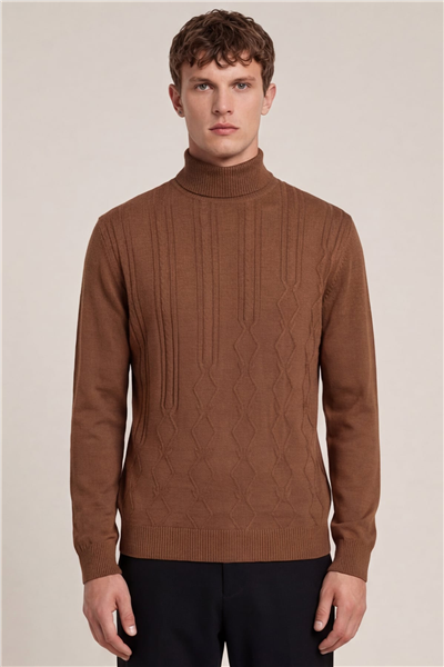 Erkek Kahve Dar Kesim Slim Fit Yünlü Yarım Balıkçı Yaka Triko Kazak