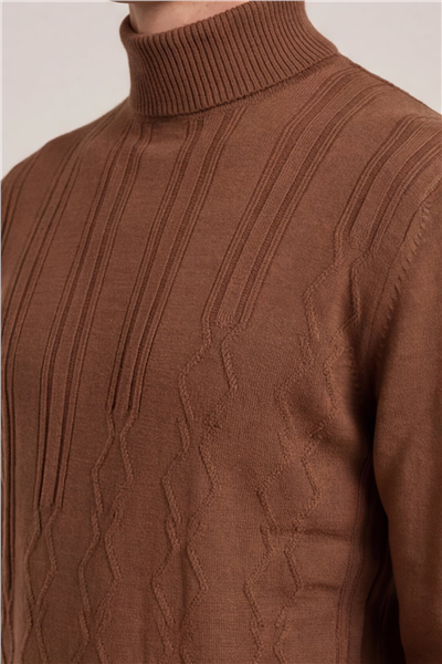 Erkek Kahve Dar Kesim Slim Fit Yünlü Yarım Balıkçı Yaka Triko Kazak