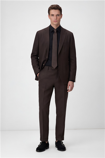 Erkek Kahve Dar Kesim Slim Fit %100 Keten Mono Yaka Astarsız Çift Yırtmaçlı 6 Drop Takım Elbise