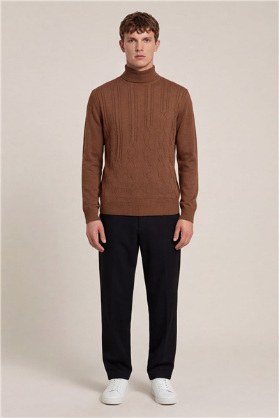 Erkek Kahve Dar Kesim Slim Fit Yünlü Yarım Balıkçı Yaka Triko Kazak