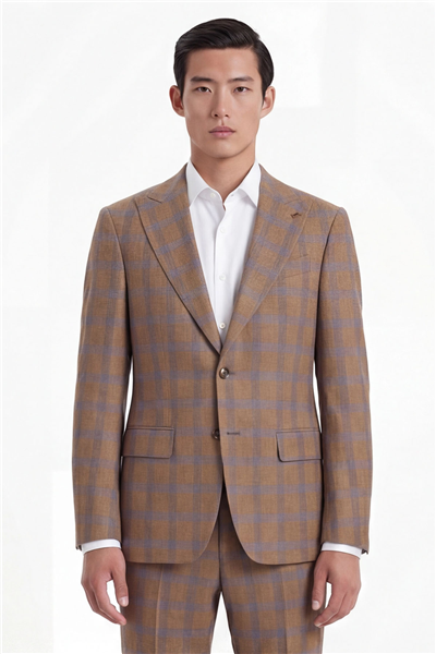 Giotelli Erkek Kahve Dar Kesim Slim Fit Viskon Ekose Mono Yaka Fleto Kapaklı Cep Çift Yırtmaçlı Tam Astarlı 6 Drop Takım Elbise