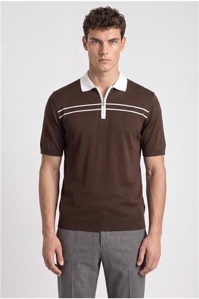 Kahve Regular Fit Örme Fermuarlı Polo Yaka Triko T-shirt