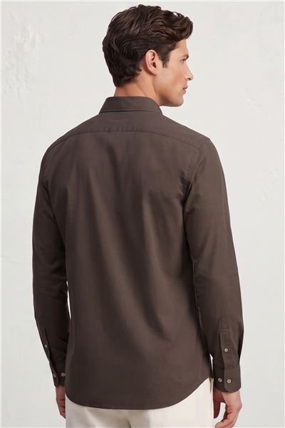 Erkek Kahve Normal Kesim Regular Fit %100 Pamuk Gabardin Uzun Kollu Klasik Yaka Gömlek