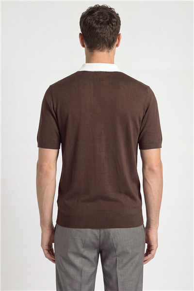 Kahve Regular Fit Örme Fermuarlı Polo Yaka Triko T-shirt