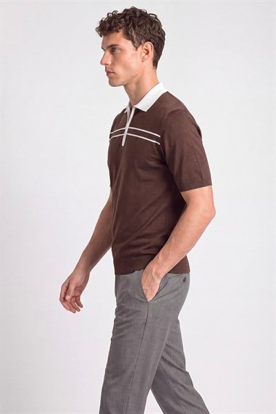 Erkek Kahve Normal Kesim Regular Fit Viskon Örme Polo Yaka Triko