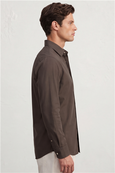 Erkek Kahve Normal Kesim Regular Fit %100 Pamuk Gabardin Uzun Kollu Klasik Yaka Gömlek