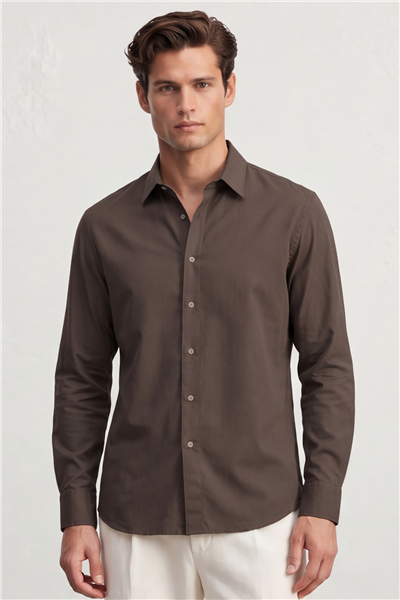 Erkek Kahve Normal Kesim Regular Fit %100 Pamuk Gabardin Uzun Kollu Klasik Yaka Gömlek