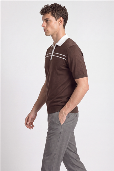 Kahve Regular Fit Örme Fermuarlı Polo Yaka Triko T-shirt