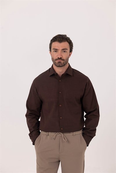 Kahve Regular Fit Keten Görünümlü %100 Pamuk Gömlek