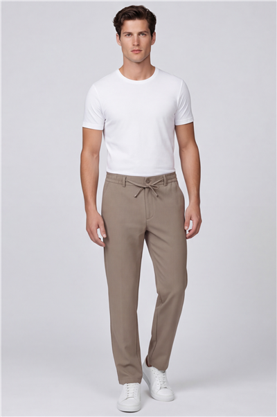 Erkek Kahverengi Regular Fit Standart Boy Dokuma Armürlü Pantolon