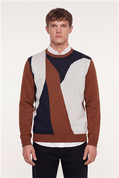 Erkek Kiremit Normal Kesim Regular Fit Yünlü  Desenli Bisiklet Yaka Triko Kazak