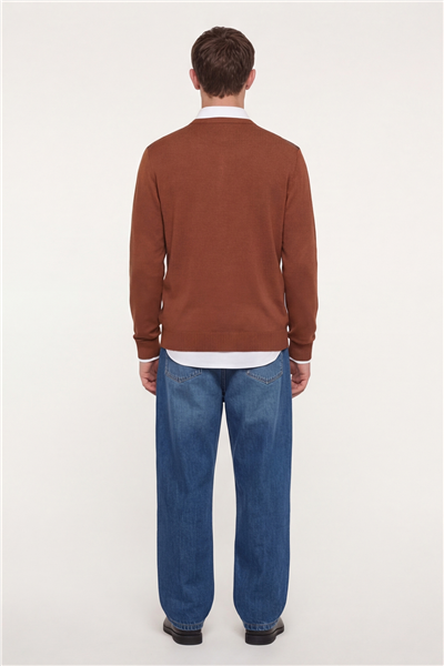 Erkek Kiremit Normal Kesim Regular Fit Yünlü Dokuma Bisiklet Yaka Triko Kazak 