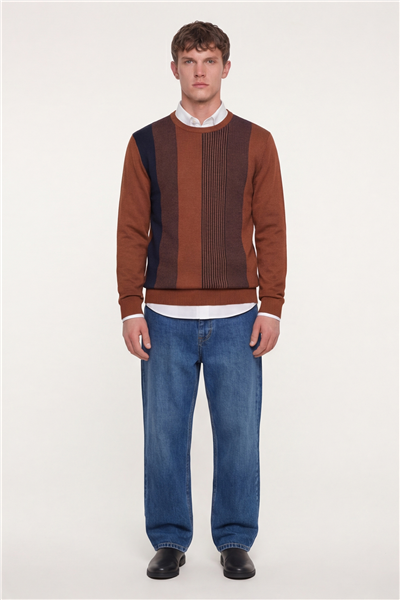 Erkek Kiremit Normal Kesim Regular Fit Yünlü Dokuma Bisiklet Yaka Triko Kazak 