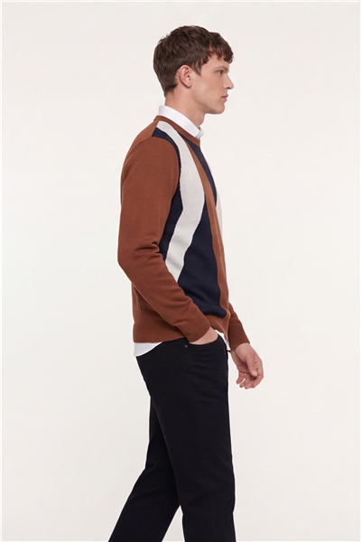 Erkek Kiremit Normal Kesim Regular Fit Yünlü  Desenli Bisiklet Yaka Triko Kazak