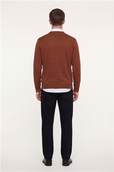 Erkek Kiremit Normal Kesim Regular Fit Yünlü  Desenli Bisiklet Yaka Triko Kazak