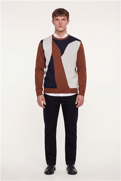 Erkek Kiremit Normal Kesim Regular Fit Yünlü  Desenli Bisiklet Yaka Triko Kazak