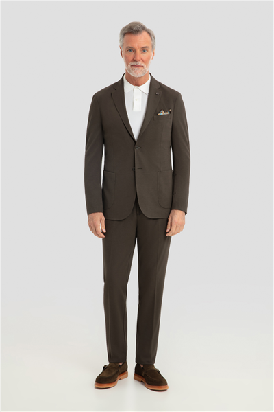 Erkek Koyu Haki Dar Kesim Slim Fit Modal Kumaş Mono Yaka Lastikli Bel Astarsız 6 Drop Takım Elbise