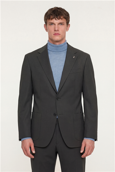 Erkek Koyu Haki Normal Kesim Regular Fit Dokuma Torba Cep Çift Yırtmaçlı Mono Yaka 6 Drop Takım Elbise