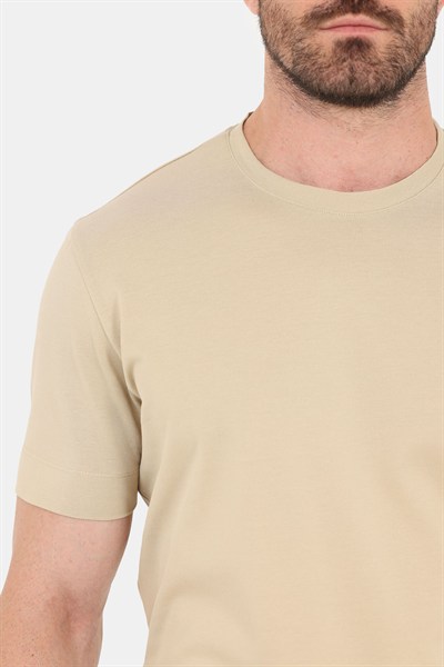 Erkek Koyu Krem Normal Kesim Regular Fit %100 Pamuk Dokuma Bisiklet Yaka Basic T-Shirt