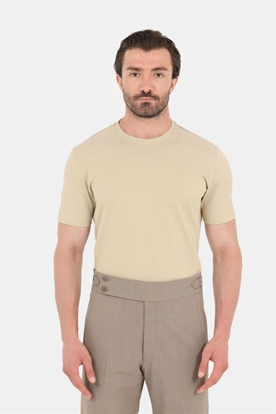 Erkek Koyu Krem Normal Kesim Regular Fit %100 Pamuk Dokuma Bisiklet Yaka Basic T-Shirt
