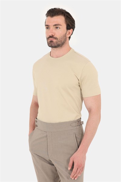 Erkek Koyu Krem Normal Kesim Regular Fit %100 Pamuk Dokuma Bisiklet Yaka Basic T-Shirt