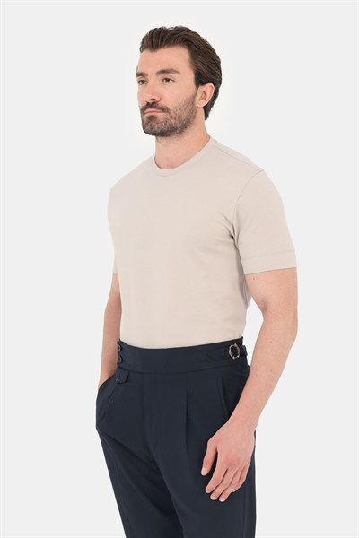 Erkek Krem Normal Kesim Regular Fit %100 Pamuk Dokuma Bisiklet Yaka Basic T-Shirt