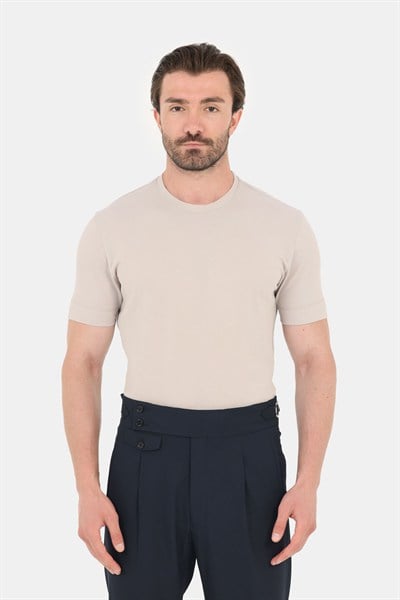 Erkek Krem Normal Kesim Regular Fit %100 Pamuk Dokuma Bisiklet Yaka Basic T-Shirt