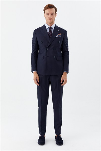 Lacivert Slim Fit Yünlü Dokuma 6 Drop Takım Elbise