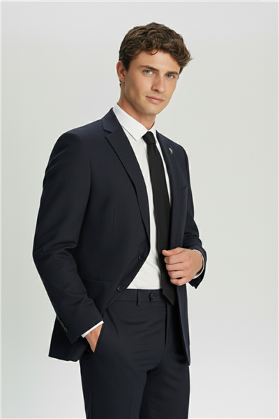 Erkek Lacivert Dar Kesim Slim Fit Viskon Çizgili Mono Yaka 6 Drop Takım Elbise
