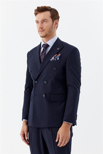 Lacivert Slim Fit Yünlü Dokuma 6 Drop Takım Elbise