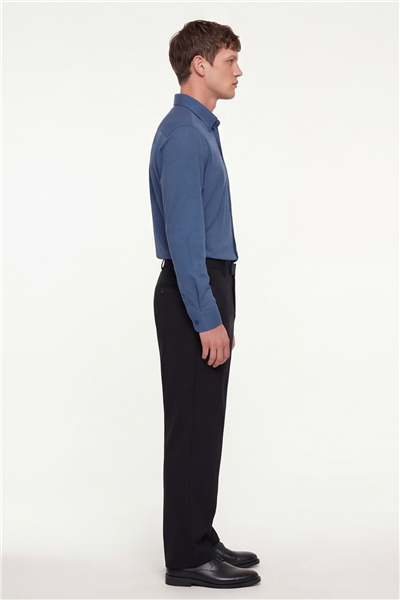 Erkek Lacivert Dar Kesim Slim Fit Pamuklu Düz Örme Uzun Kollu Düğmeli Yaka Gömlek