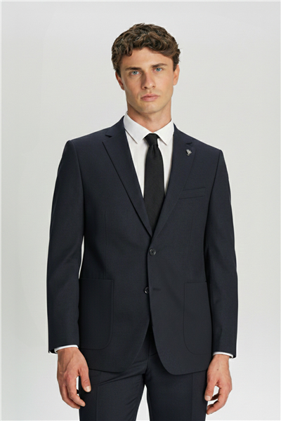 Erkek Lacivert Dar Kesim Slim Fit Viskon Çizgili Mono Yaka 6 Drop Takım Elbise