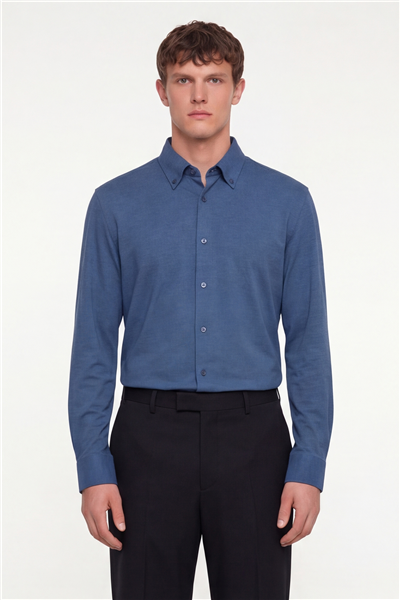 Erkek Lacivert Dar Kesim Slim Fit Pamuklu Düz Örme Uzun Kollu Düğmeli Yaka Gömlek