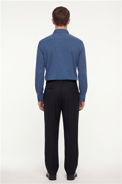 Erkek Lacivert Dar Kesim Slim Fit Pamuklu Düz Örme Uzun Kollu Düğmeli Yaka Gömlek