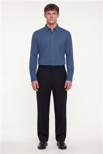 Erkek Lacivert Dar Kesim Slim Fit Pamuklu Düz Örme Uzun Kollu Düğmeli Yaka Gömlek