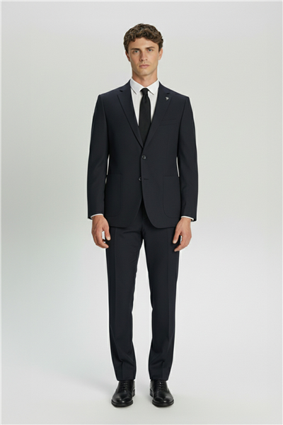 Erkek Lacivert Dar Kesim Slim Fit Viskon Çizgili Mono Yaka 6 Drop Takım Elbise