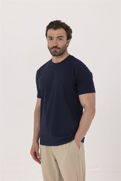 Lacivert %100 Pamuk Bisiklet Yaka Düz Renk Basic T-Shirt