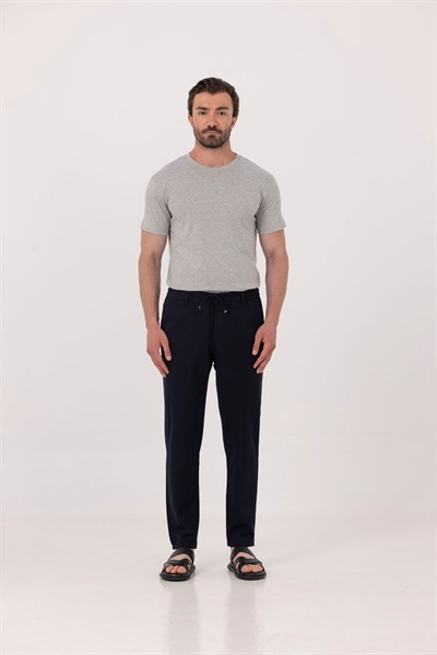 Lacivert Dokulu Arka Lastikli Köprü Kemerli Bağcıklı Slim Fit Jogger Pantolon