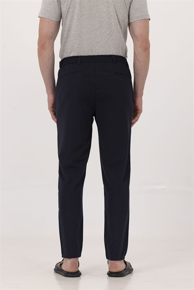 Lacivert Dokulu Arka Lastikli Köprü Kemerli Bağcıklı Slim Fit Jogger Pantolon