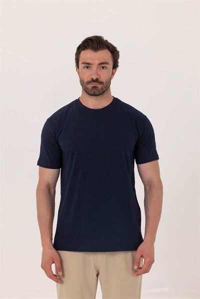 Lacivert %100 Pamuk Bisiklet Yaka Düz Renk Basic T-Shirt